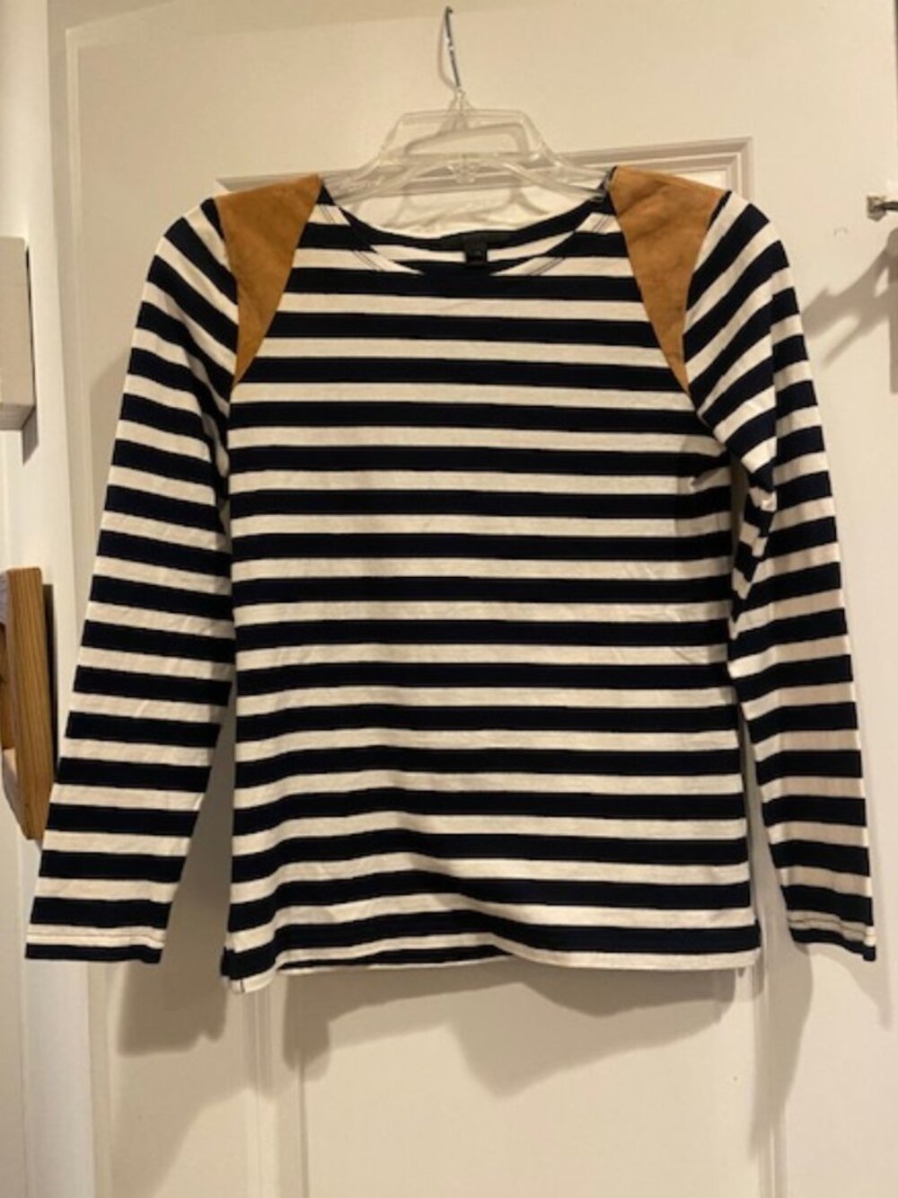 J. Crew Navy and White Striped Long-Sleeve Top with Tan Shoulder Panels XS